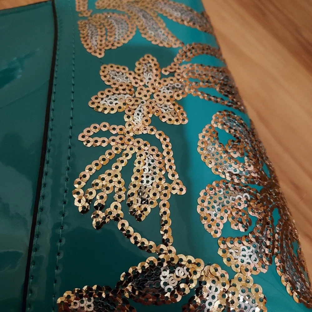 Teal Neptune Green Gold Patent Leather Look Bling Handbag Embroidery Shiny Purse